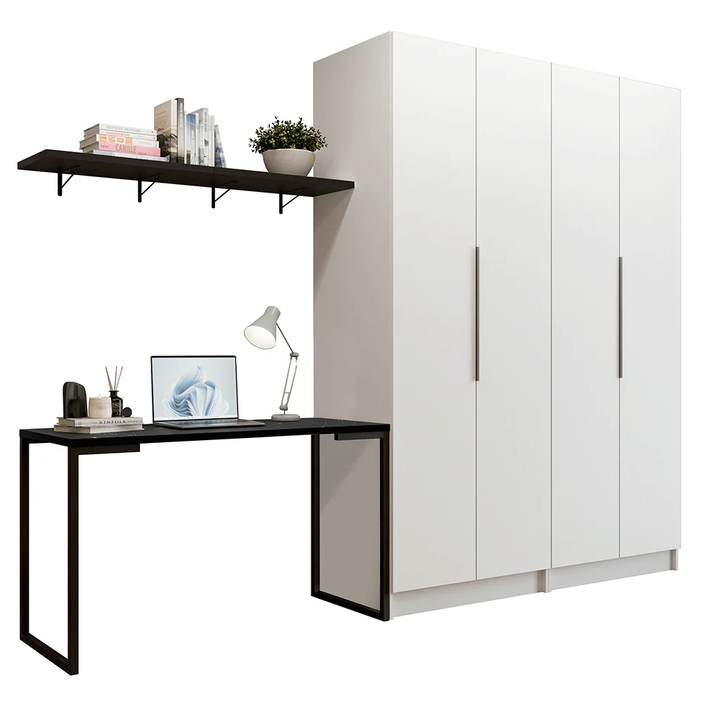 Conjunto Home Office 2 Armários Neo 1 Escrivaninha 2 Prateleiras Branco/Nero Madesa - Image 2