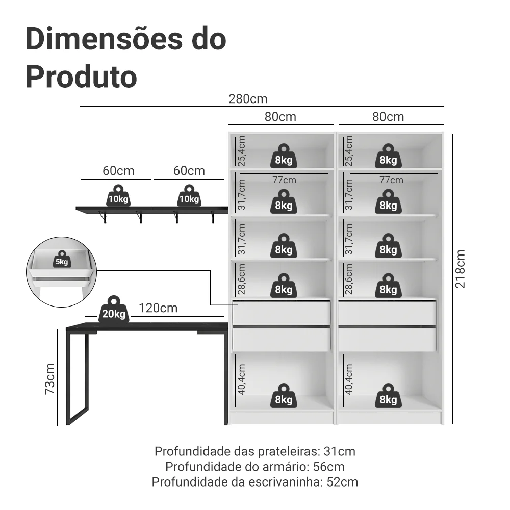 Conjunto Home Office 2 Armários Neo 1 Escrivaninha 2 Prateleiras Branco/Nero Madesa - Image 3