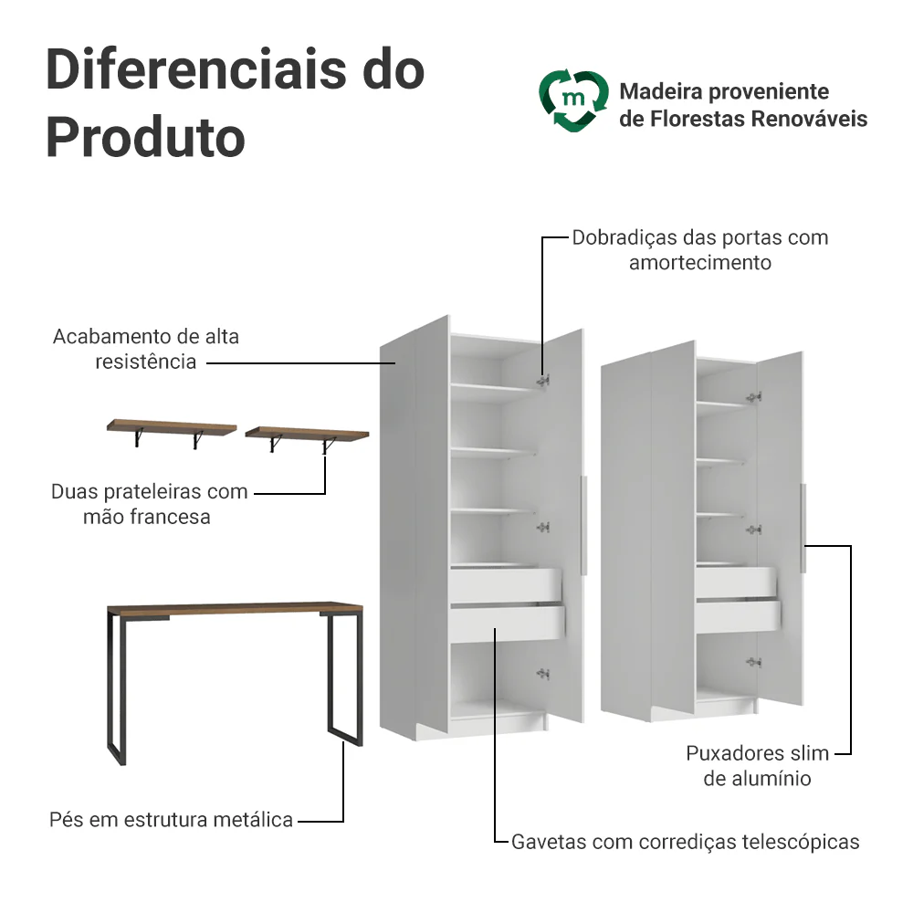 Conjunto Home Office 2 Armários Neo 1 Escrivaninha 2 Prateleiras Branco/Rustic Madesa - Image 4