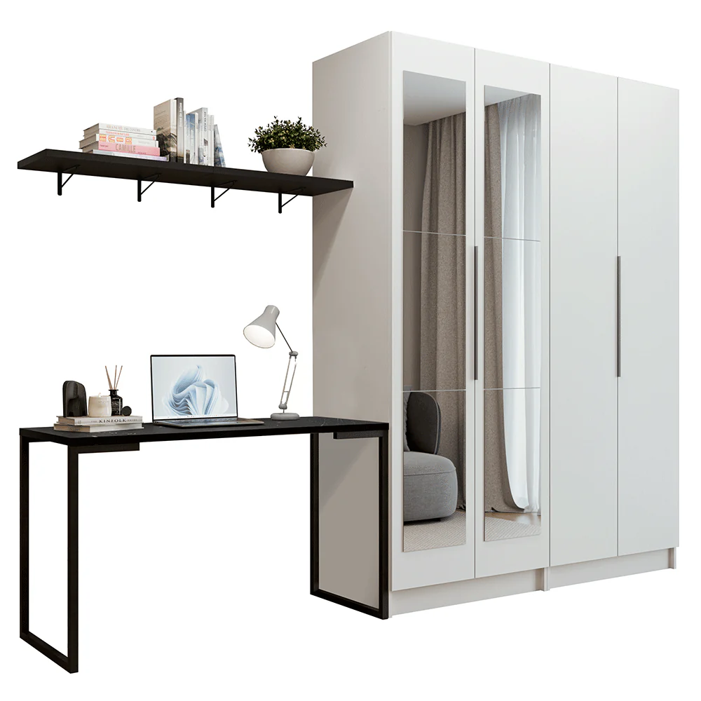 Conjunto Home Office 2 Armários Neo com Espelhos 1 Escrivaninha 2 Prateleiras Branco/Nero Madesa - Image 2
