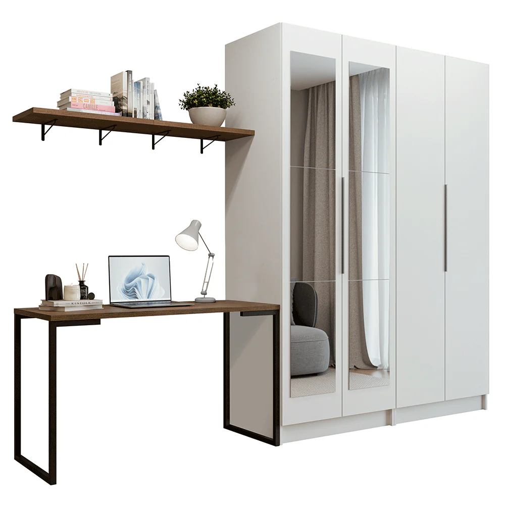 Conjunto Home Office 2 Armários Neo com Espelhos 1 Escrivaninha 2 Prateleiras Branco/Rustic Madesa - Image 2
