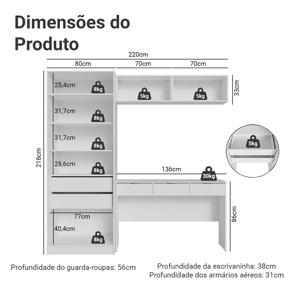 Conjunto Quarto 1 Penteadeira 2 Aéreos 1 Guarda-Roupa com Espelhos 2 Portas Neo Branco Madesa - Image 3