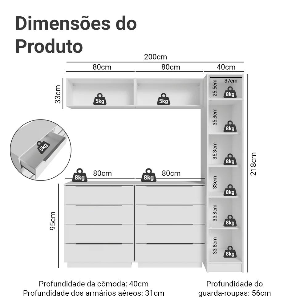 Conjunto Quarto com 1 Guarda-Roupa Neo 2 Aéreos 2 Cômodas Branco Madesa 01 - Image 3