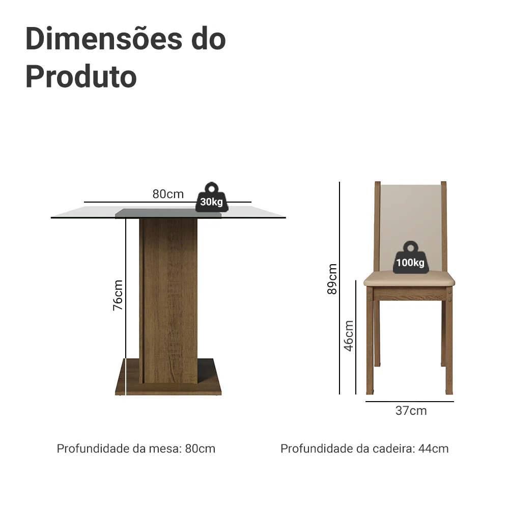 Conjunto Sala de Jantar Mesa Tampo de Vidro com 4 Cadeiras Rustic/Crema/Sintético Bege Aline Madesa - Image 3