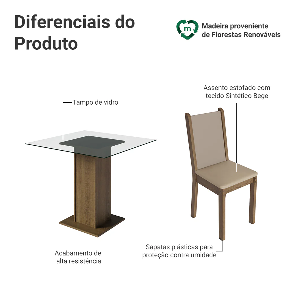 Conjunto Sala de Jantar Mesa Tampo de Vidro com 4 Cadeiras Rustic/Crema/Sintético Bege Aline Madesa - Image 4