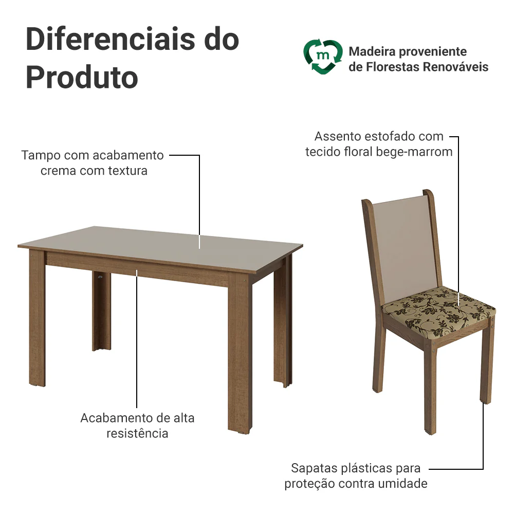 Conjunto Sala de Jantar Alva Mesa Tampo de Madeira 4 Cadeiras Rustic/Crema/Bege Marrom Madesa - Image 4