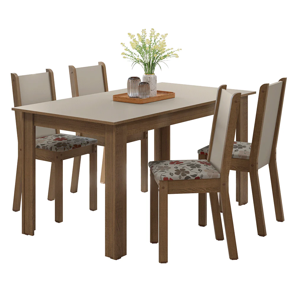 Conjunto Sala de Jantar Alva Mesa Tampo de Madeira 4 Cadeiras Rustic/Crema/Floral Hibiscos Madesa - Image 2