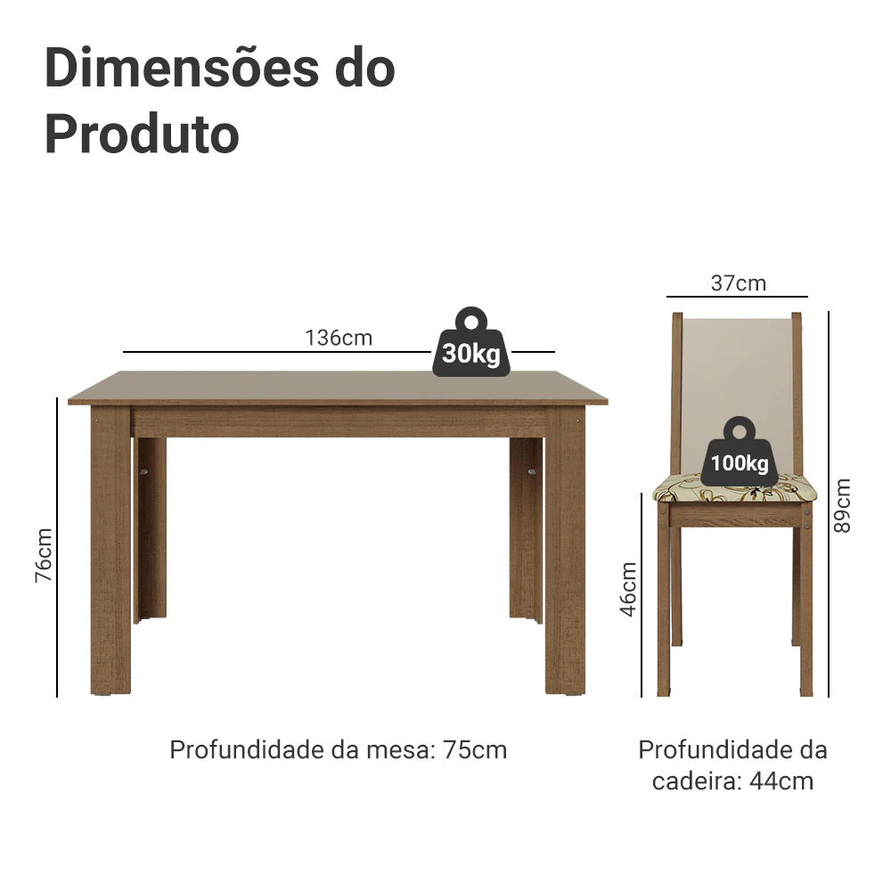 Conjunto Sala de Jantar Alva Mesa Tampo de Madeira 4 Cadeiras Rustic/Crema/Lírio Bege Madesa - Image 3