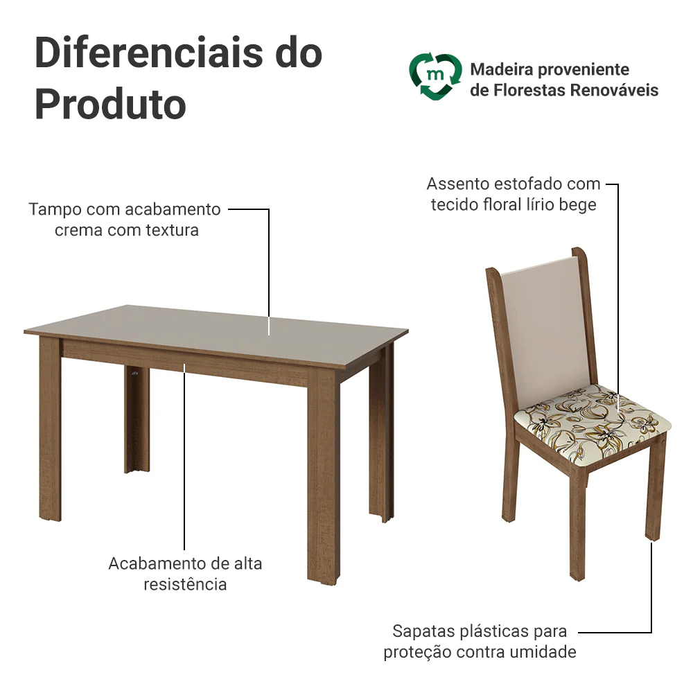 Conjunto Sala de Jantar Alva Mesa Tampo de Madeira 4 Cadeiras Rustic/Crema/Lírio Bege Madesa - Image 4