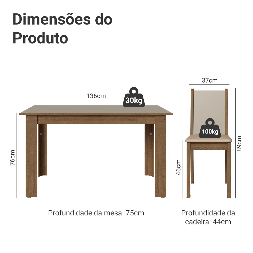 Conjunto Sala de Jantar Alva Mesa Tampo de Madeira 4 Cadeiras Rustic/Crema/Sintético Bege Madesa - Image 3