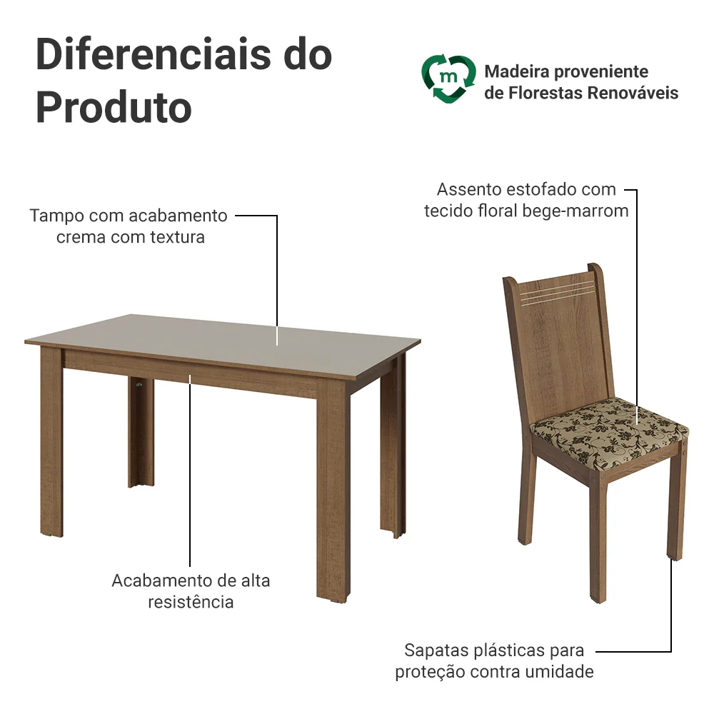 Conjunto Sala de Jantar Amora Mesa Tampo de Madeira 4 Cadeiras Rustic/Crema/Bege Marrom Madesa - Image 4
