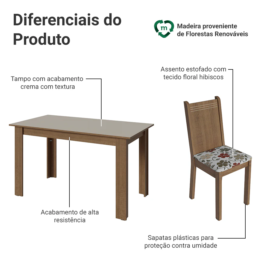 Conjunto Sala de Jantar Amora Mesa Tampo de Madeira 4 Cadeiras Rustic/Crema/Floral Hibiscos Madesa - Image 4