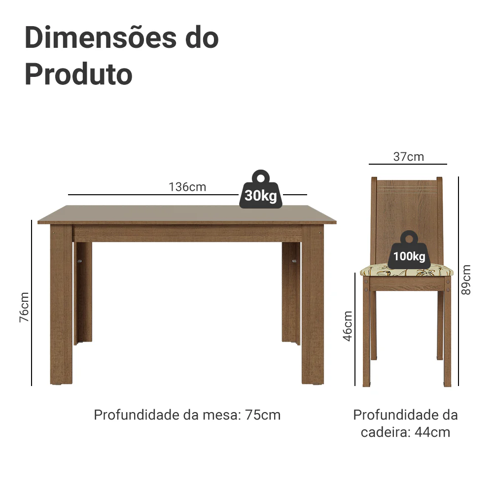 Conjunto Sala de Jantar Amora Mesa Tampo de Madeira 4 Cadeiras Rustic/Crema/Lírio Bege Madesa - Image 3