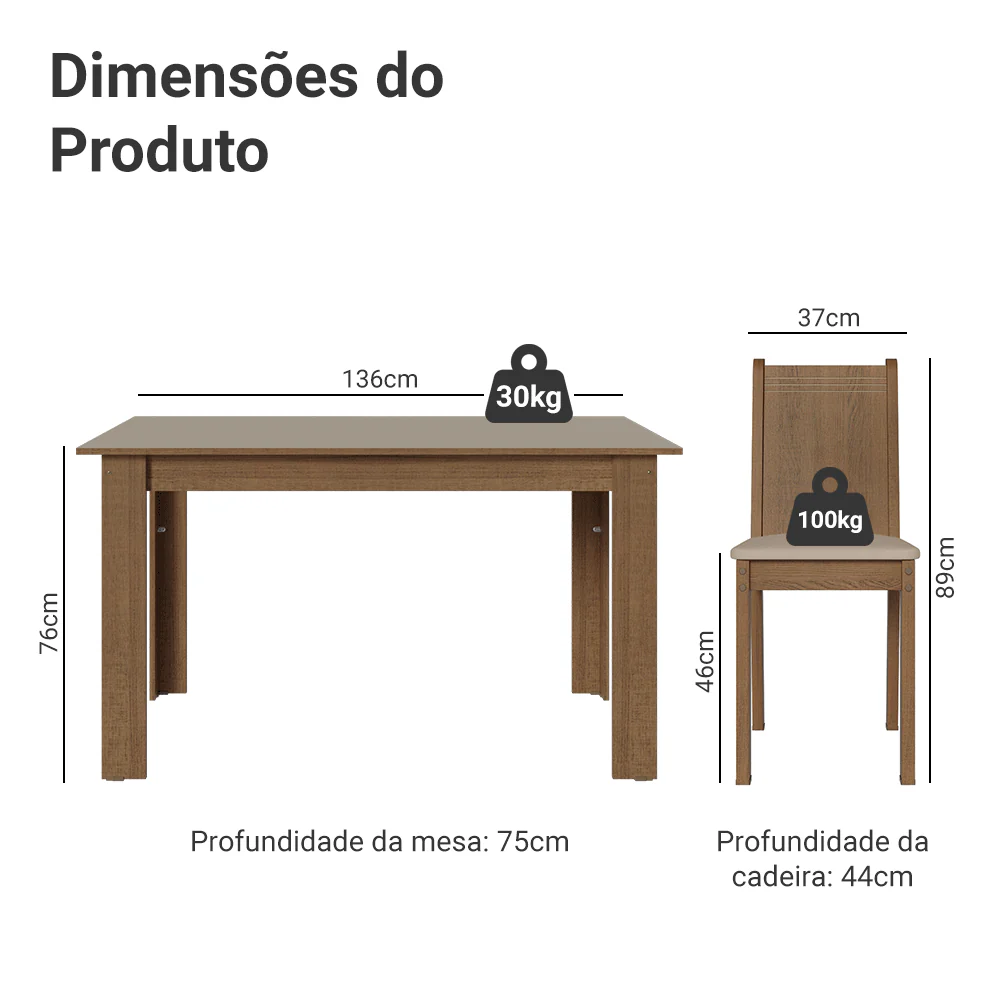 Conjunto Sala de Jantar Amora Mesa Tampo de Madeira 4 Cadeiras Rustic/Crema/Sintético Bege Madesa - Image 3