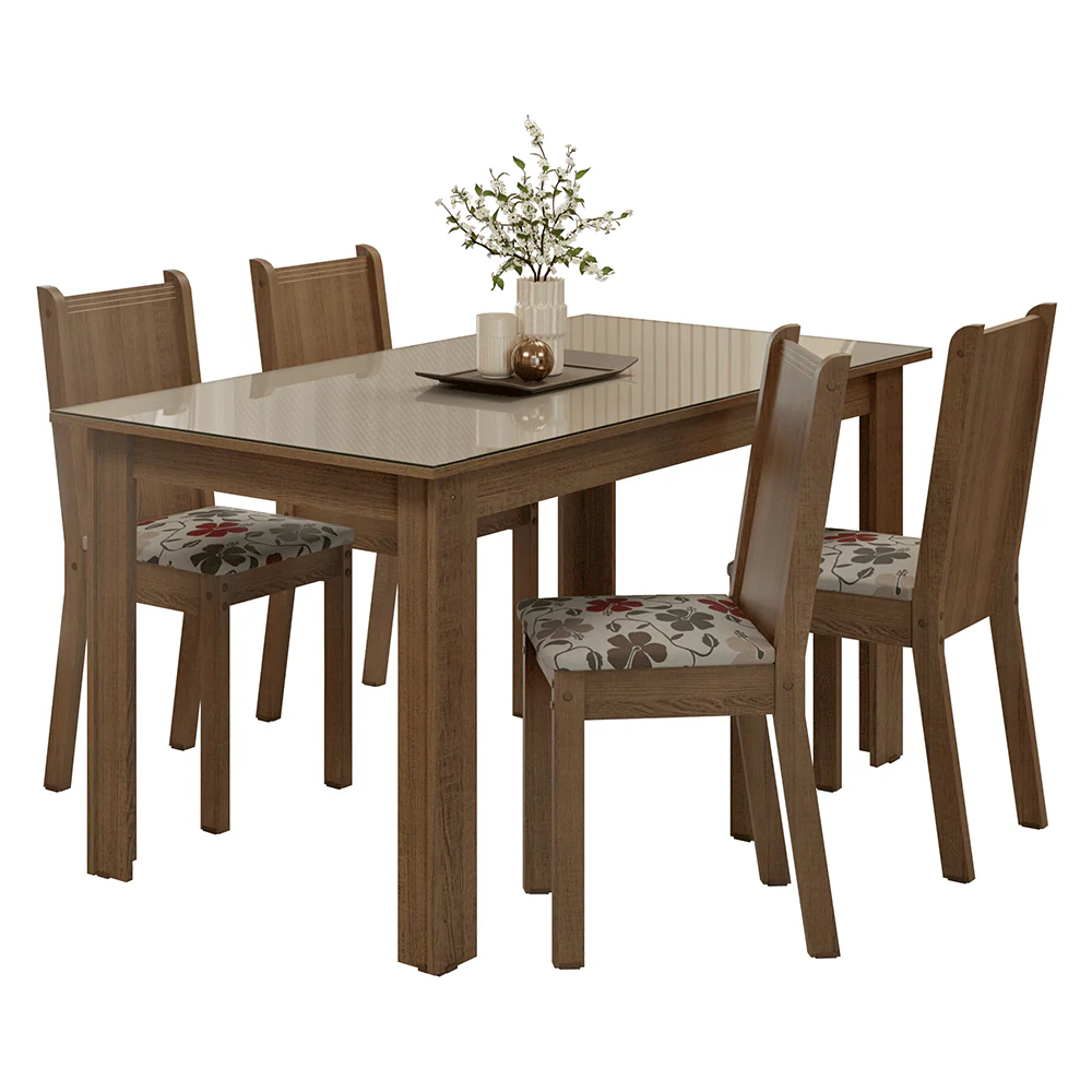 Conjunto Sala de Jantar Avelã Mesa Tampo de Vidro 4 Cadeiras Rustic/Crema/Floral Hibiscos Madesa - Image 2