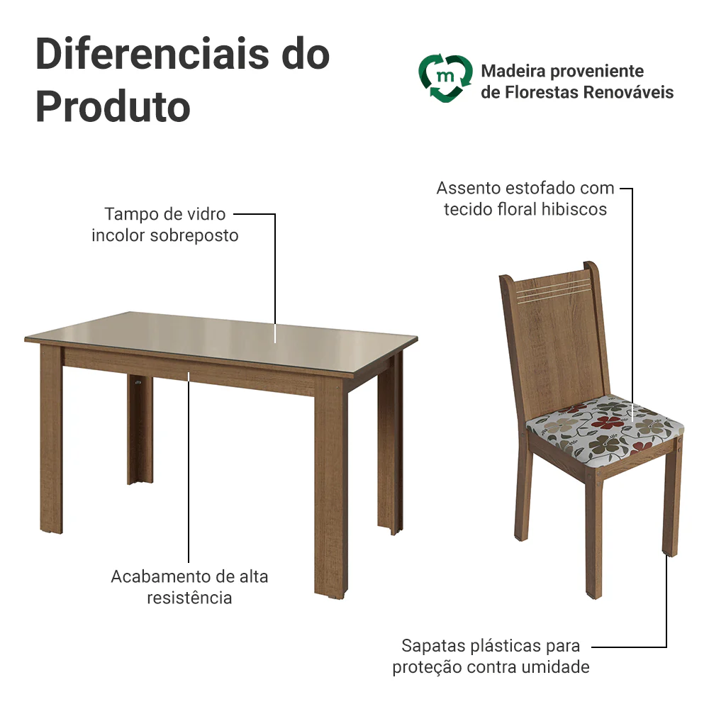 Conjunto Sala de Jantar Avelã Mesa Tampo de Vidro 4 Cadeiras Rustic/Crema/Floral Hibiscos Madesa - Image 4