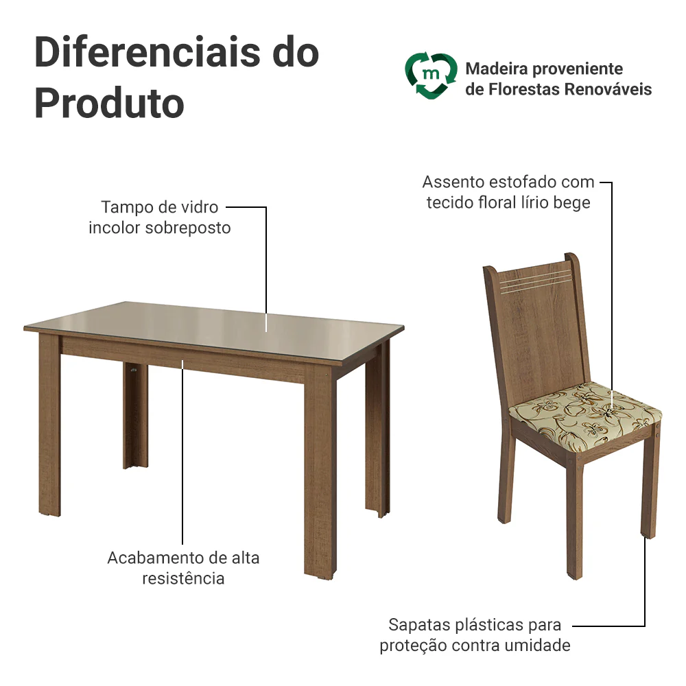 Conjunto Sala de Jantar Avelã Mesa Tampo de Vidro 4 Cadeiras Rustic/Crema/Lírio Bege Madesa - Image 4