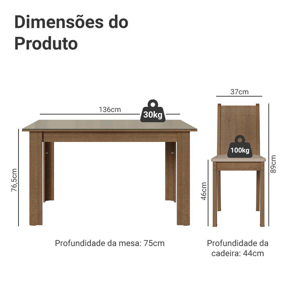Conjunto Sala de Jantar Avelã Mesa Tampo de Vidro 4 Cadeiras Rustic/Crema/Sintético Bege Madesa - Image 3