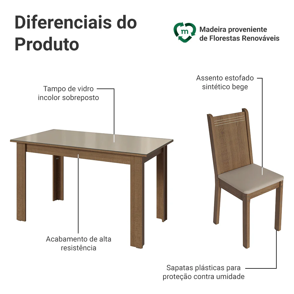 Conjunto Sala de Jantar Avelã Mesa Tampo de Vidro 4 Cadeiras Rustic/Crema/Sintético Bege Madesa - Image 4