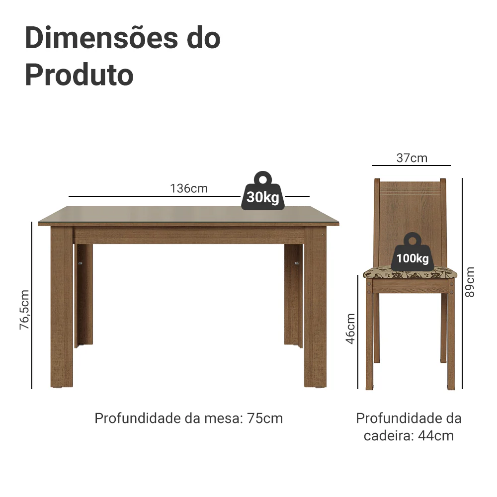 Conjunto Sala de Jantar Cereja Mesa Tampo de Vidro 6 Cadeiras Rustic/Crema/Bege Marrom Madesa - Image 3