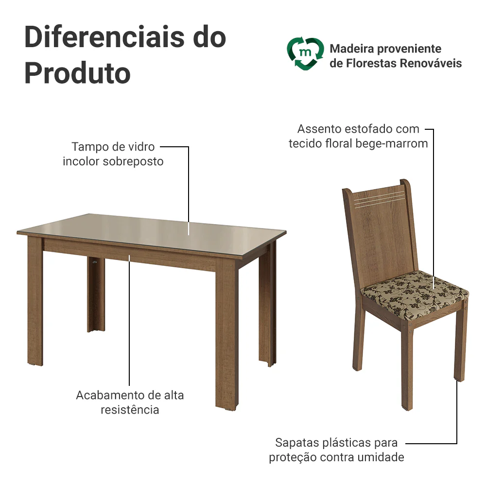 Conjunto Sala de Jantar Cereja Mesa Tampo de Vidro 6 Cadeiras Rustic/Crema/Bege Marrom Madesa - Image 4