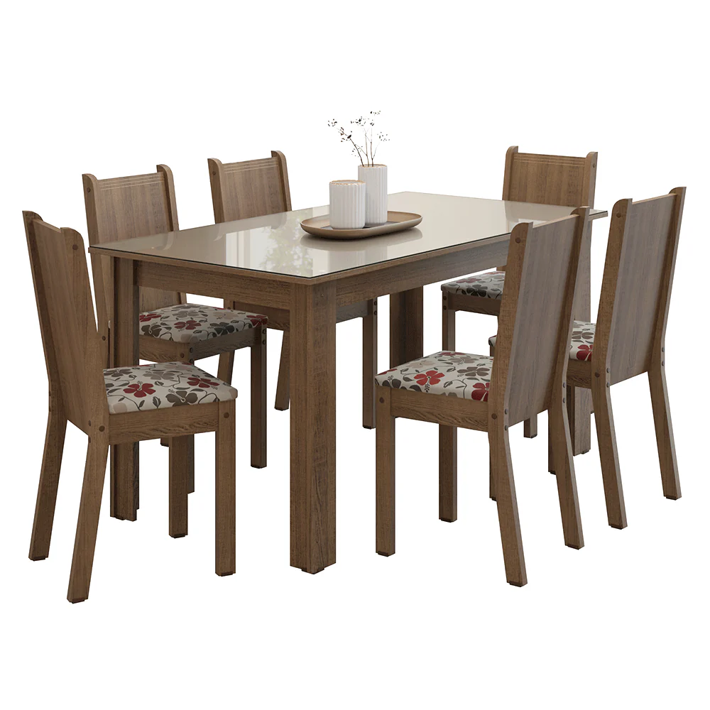 Conjunto Sala de Jantar Cereja Mesa Tampo de Vidro 6 Cadeiras Rustic/Crema/Floral Hibiscos Madesa - Image 2