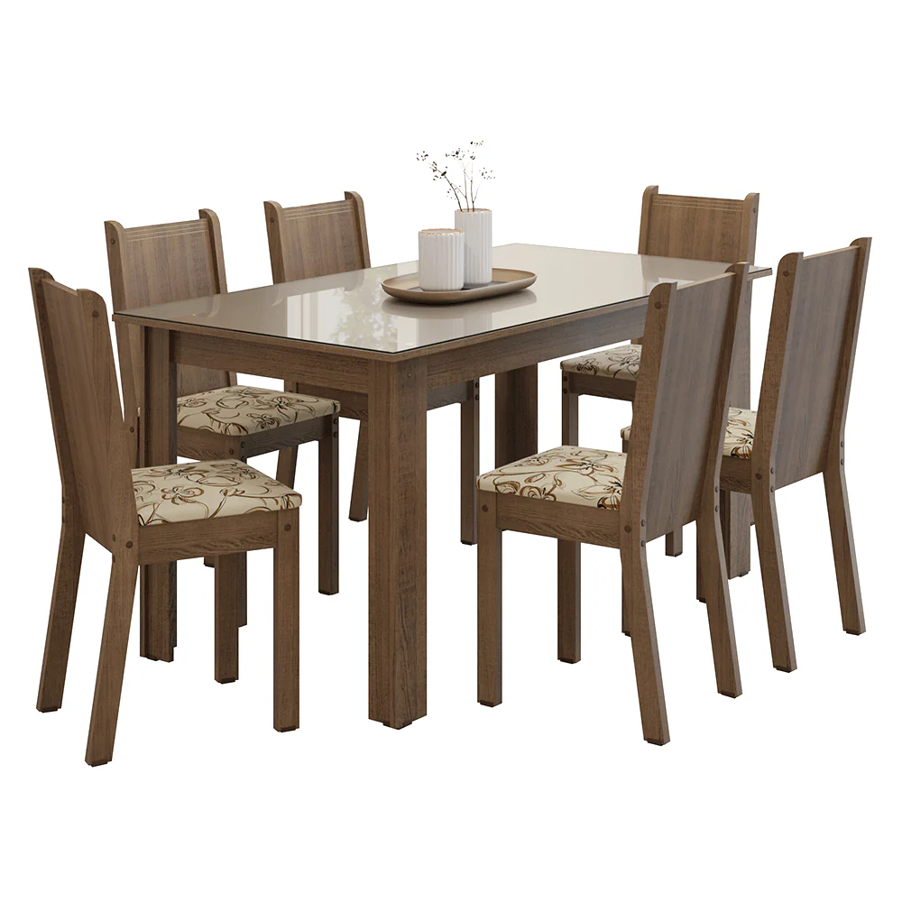 Conjunto Sala de Jantar Cereja Mesa Tampo de Vidro 6 Cadeiras Rustic/Crema/Lírio Bege Madesa - Image 2