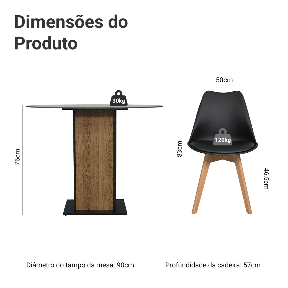 Conjunto Sala de Jantar Denali Mesa Tampo de Vidro 4 Cadeiras Preto/Rustic/Preto Madesa - Image 3