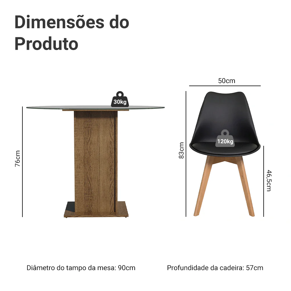Conjunto Sala de Jantar Denali Mesa Tampo de Vidro 4 Cadeiras Rustic/Preto Madesa - Image 3