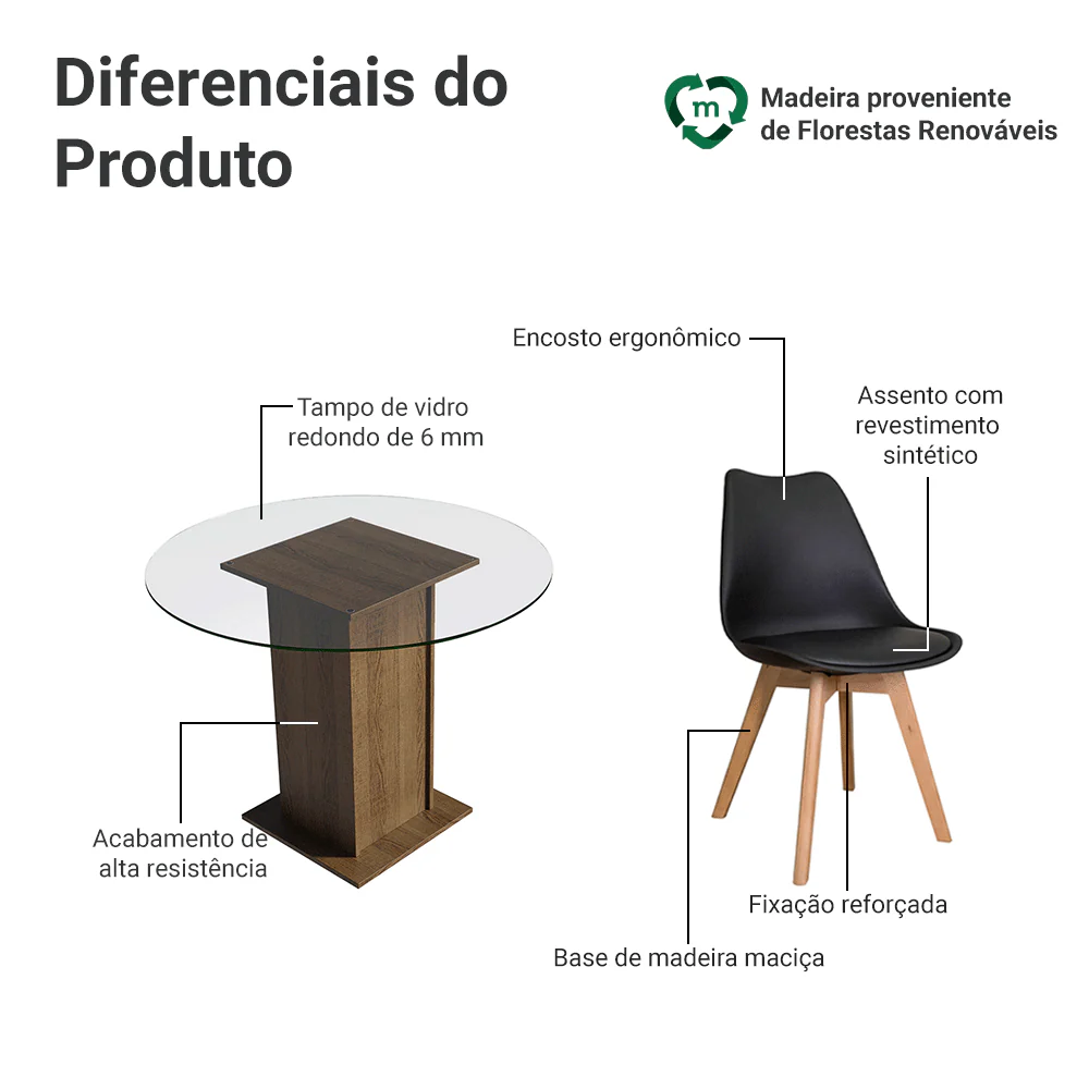 Conjunto Sala de Jantar Denali Mesa Tampo de Vidro 4 Cadeiras Rustic/Preto Madesa - Image 4