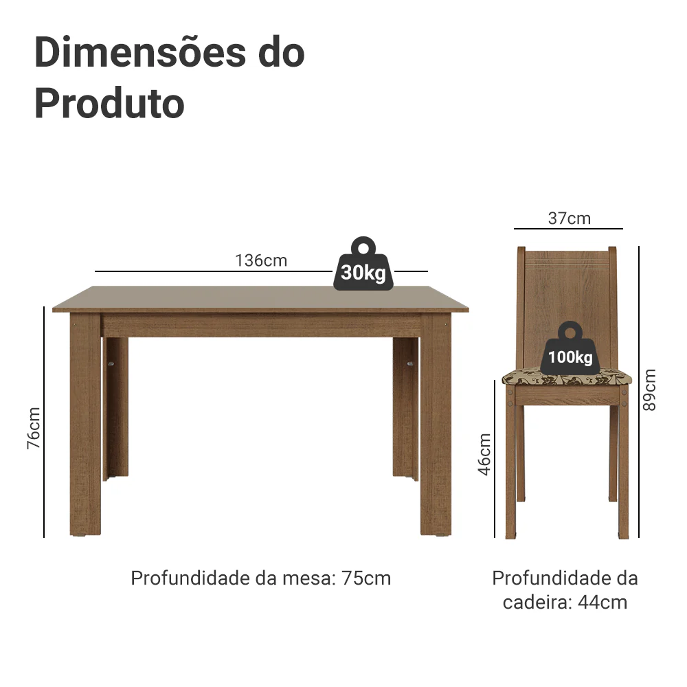 Conjunto Sala de Jantar Dolce Mesa Tampo de Madeira 6 Cadeiras Rustic/Crema/Bege Marrom Madesa - Image 3