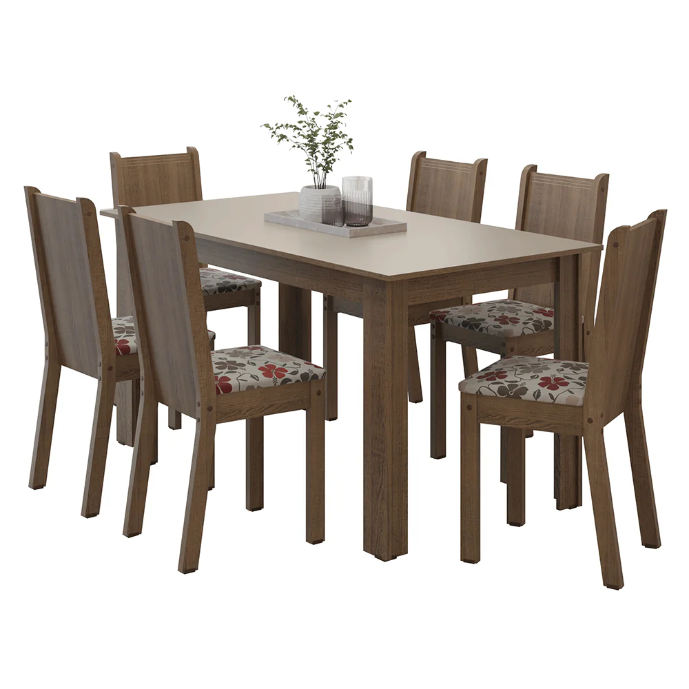 Conjunto Sala de Jantar Dolce Mesa Tampo de Madeira 6 Cadeiras Rustic/Crema/Floral Hibiscos Madesa - Image 2