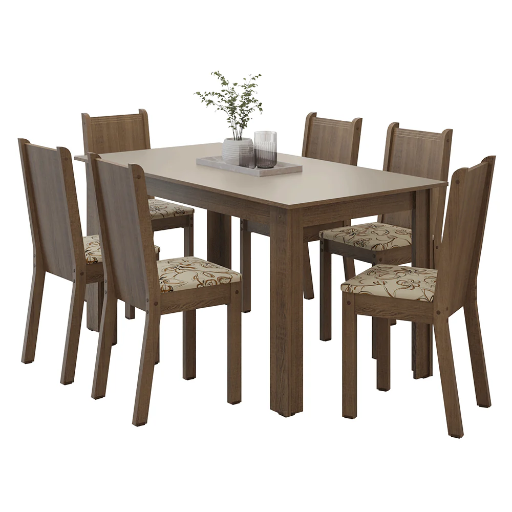 Conjunto Sala de Jantar Dolce Mesa Tampo de Madeira 6 Cadeiras Rustic/Crema/Lírio Bege Madesa - Image 2
