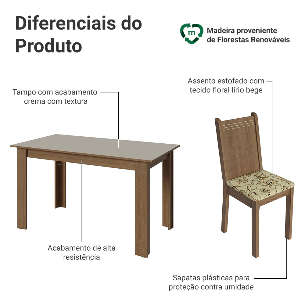Conjunto Sala de Jantar Dolce Mesa Tampo de Madeira 6 Cadeiras Rustic/Crema/Lírio Bege Madesa - Image 4