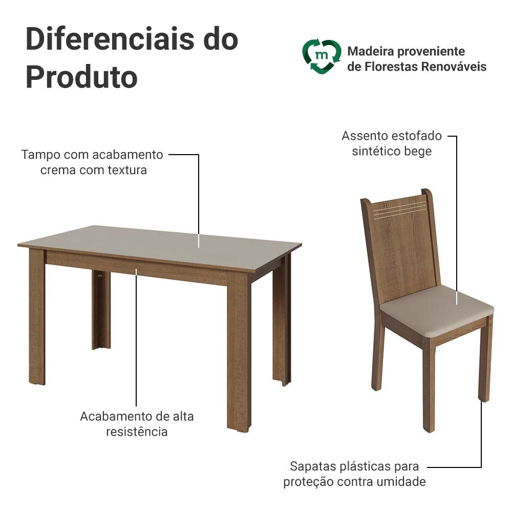 Conjunto Sala de Jantar Dolce Mesa Tampo de Madeira 6 Cadeiras Rustic/Crema/Sintético Bege Madesa - Image 4