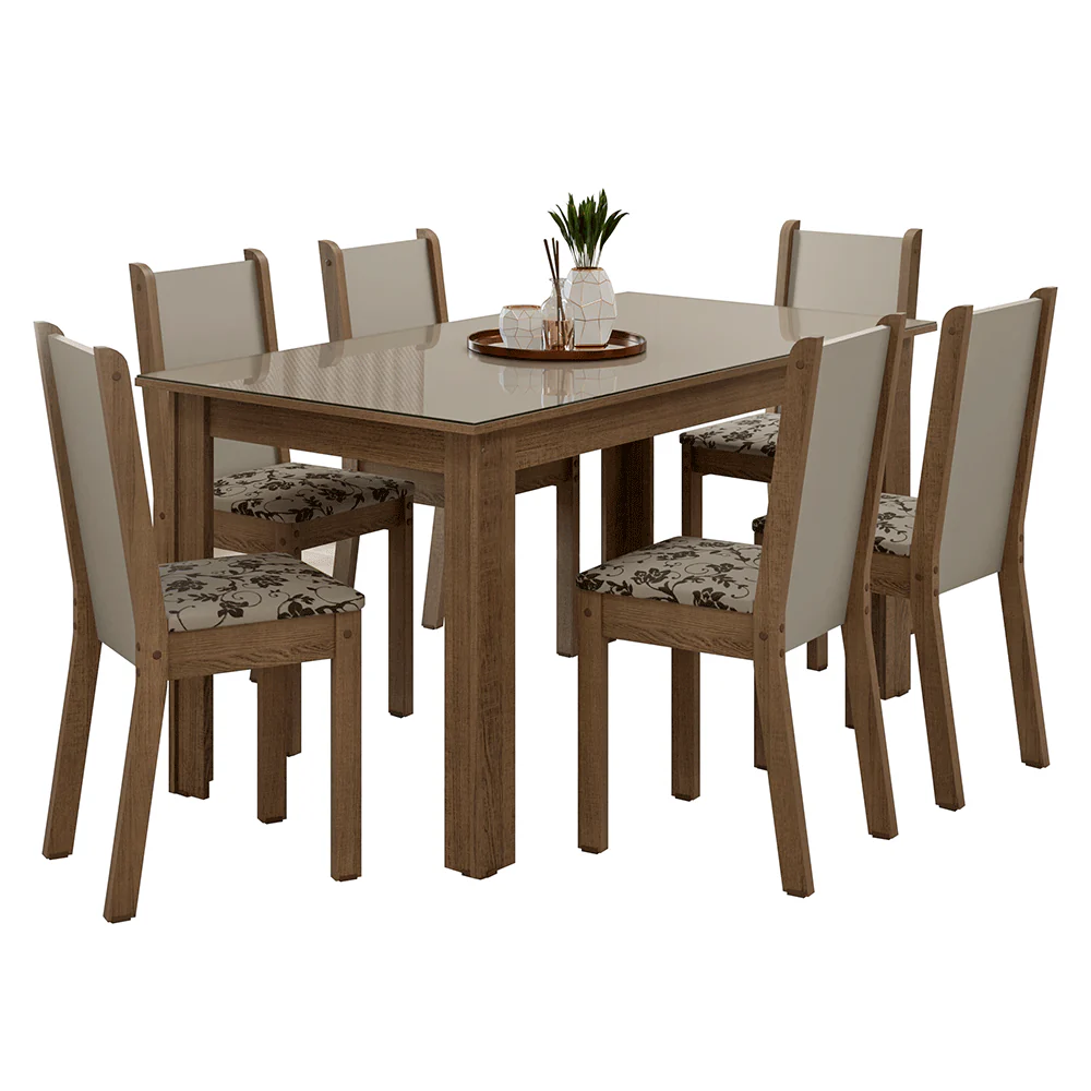 Conjunto Sala de Jantar Elóra Mesa Tampo de Vidro 6 Cadeiras Rustic/Crema/Bege Marrom Madesa - Image 2