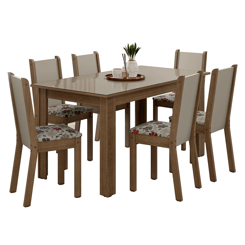 Conjunto Sala de Jantar Elóra Mesa Tampo de Vidro 6 Cadeiras Rustic/Crema/Floral Hibiscos Madesa - Image 2