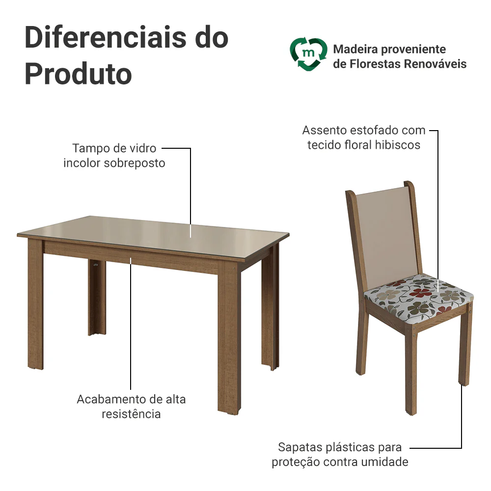 Conjunto Sala de Jantar Elóra Mesa Tampo de Vidro 6 Cadeiras Rustic/Crema/Floral Hibiscos Madesa - Image 4