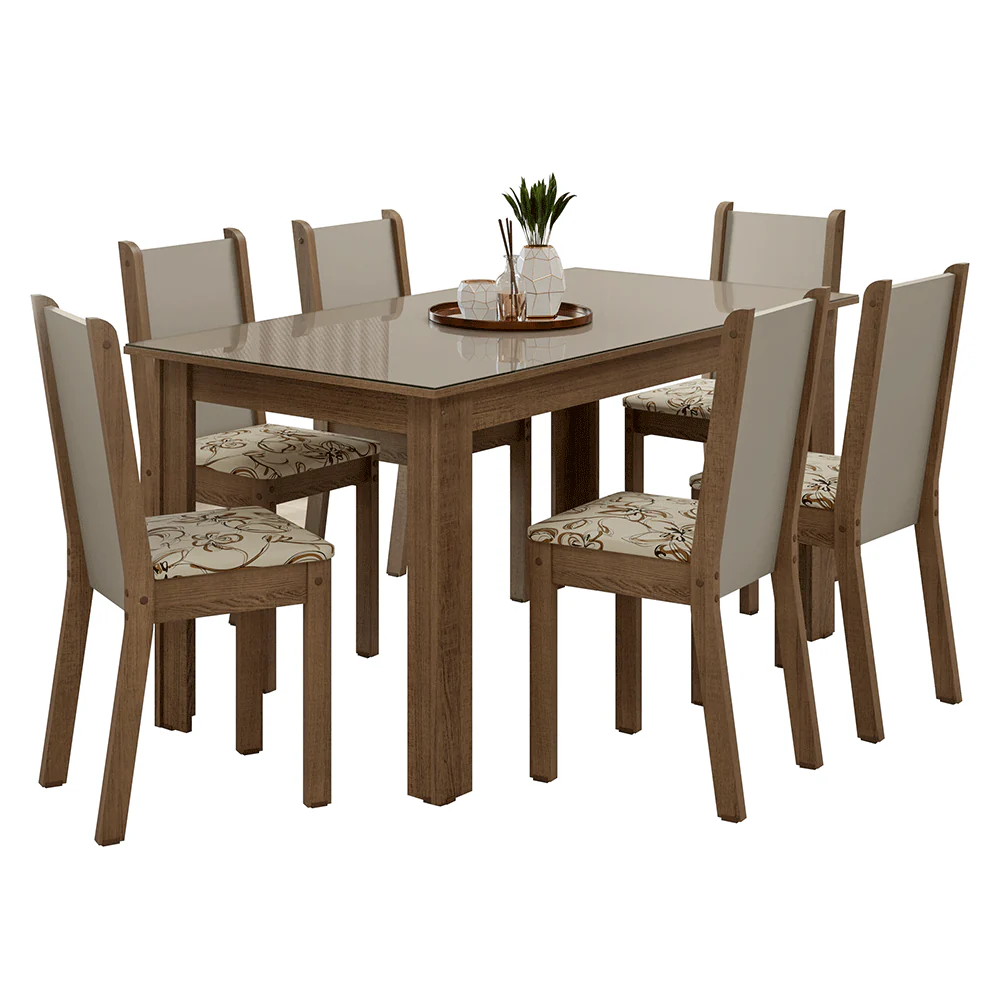 Conjunto Sala de Jantar Elóra Mesa Tampo de Vidro 6 Cadeiras Rustic/Crema/Lírio Bege Madesa - Image 2