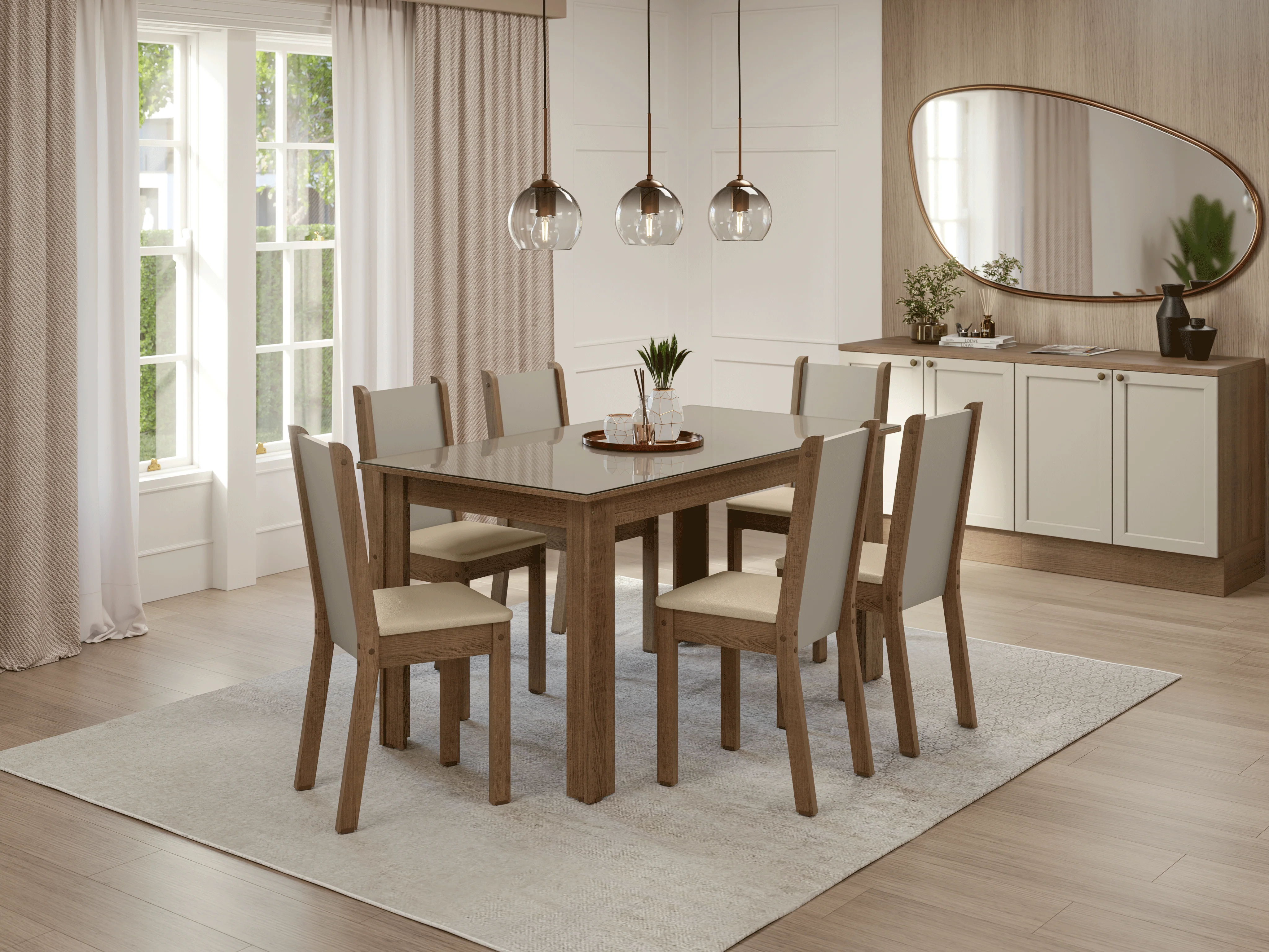 Conjunto Sala de Jantar Elóra Mesa Tampo de Vidro 6 Cadeiras Rustic/Crema/Sintético Bege Madesa - Image 11