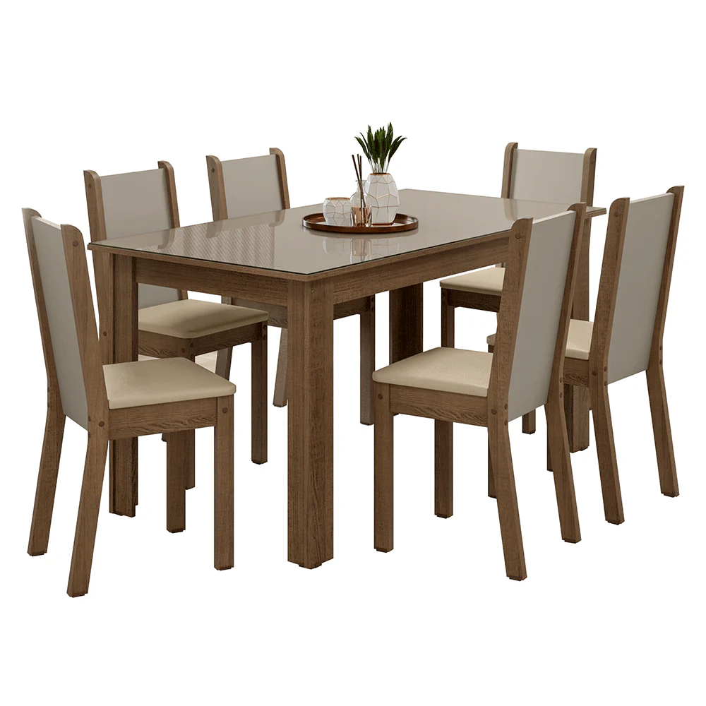 Conjunto Sala de Jantar Elóra Mesa Tampo de Vidro 6 Cadeiras Rustic/Crema/Sintético Bege Madesa - Image 2