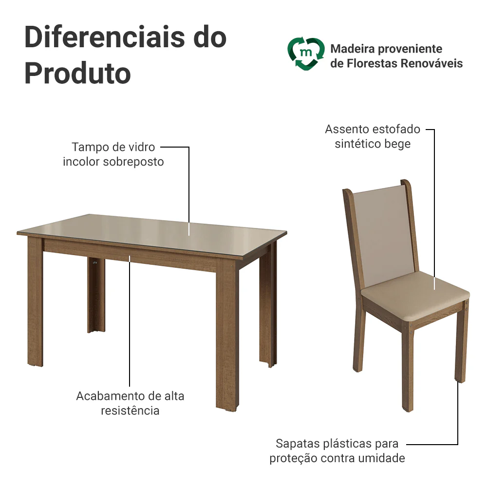 Conjunto Sala de Jantar Elóra Mesa Tampo de Vidro 6 Cadeiras Rustic/Crema/Sintético Bege Madesa - Image 4