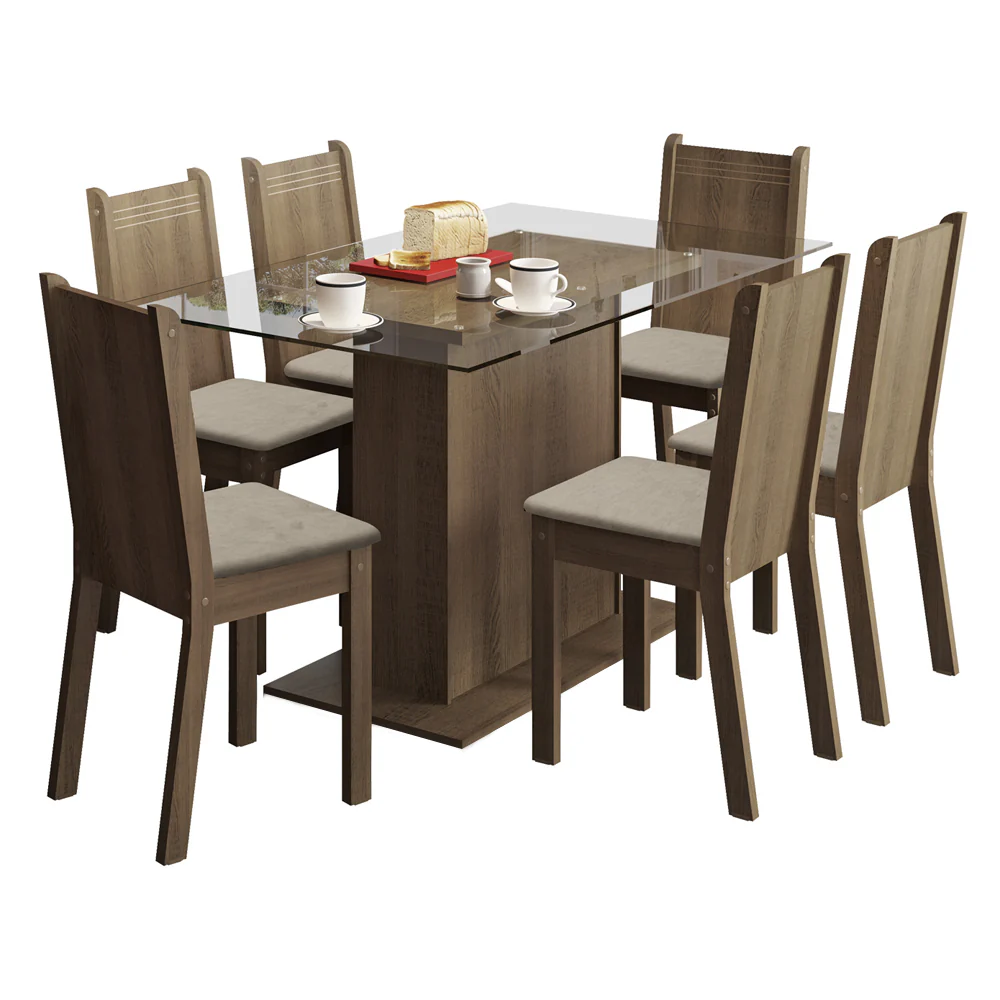 Conjunto Sala de Jantar Madesa Gales Mesa Tampo de Vidro com 6 Cadeiras Rustic/Sintético Bege - Image 2