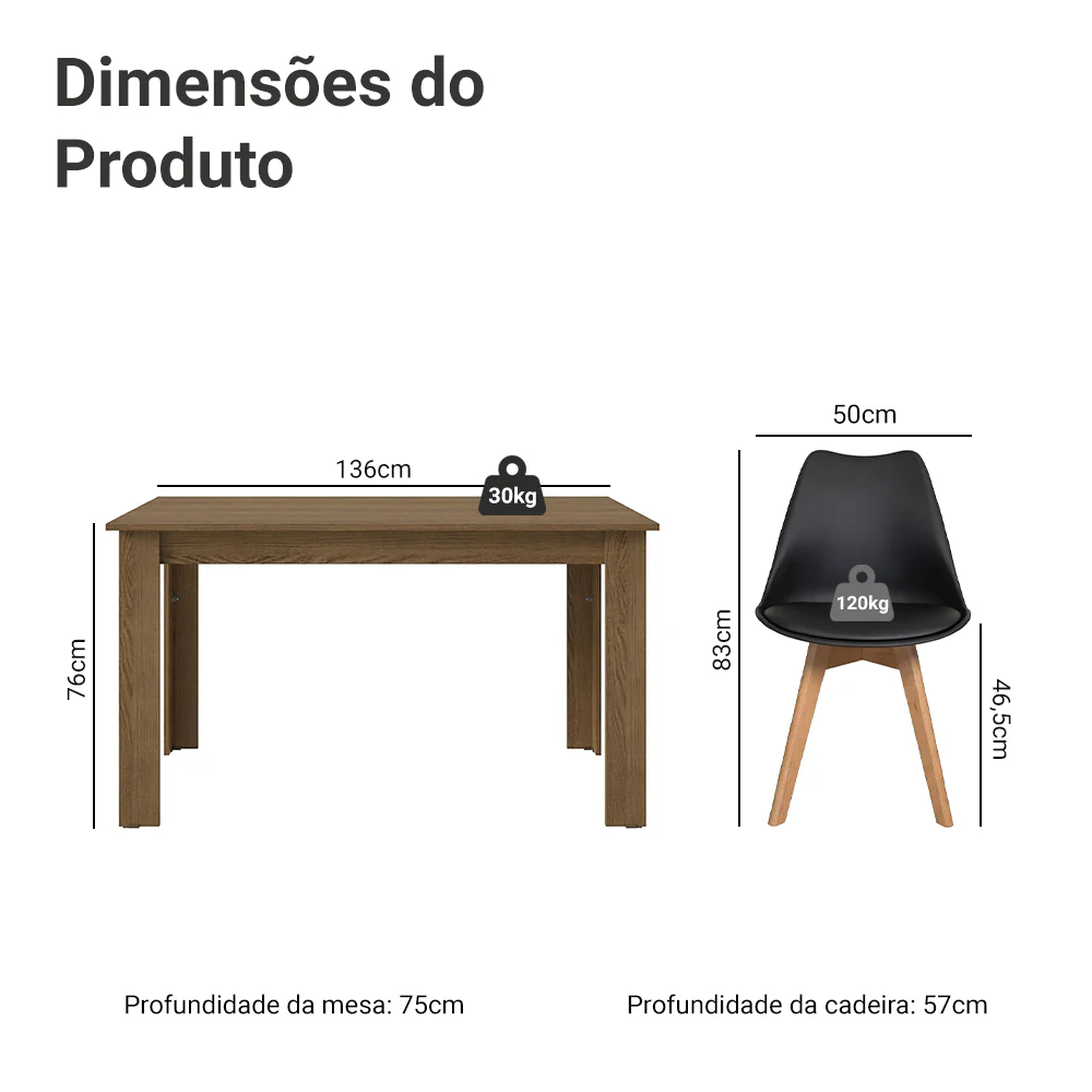 Conjunto Sala de Jantar Garda Mesa Tampo de Madeira 4 Cadeiras Rustic/Preto Madesa - Image 3