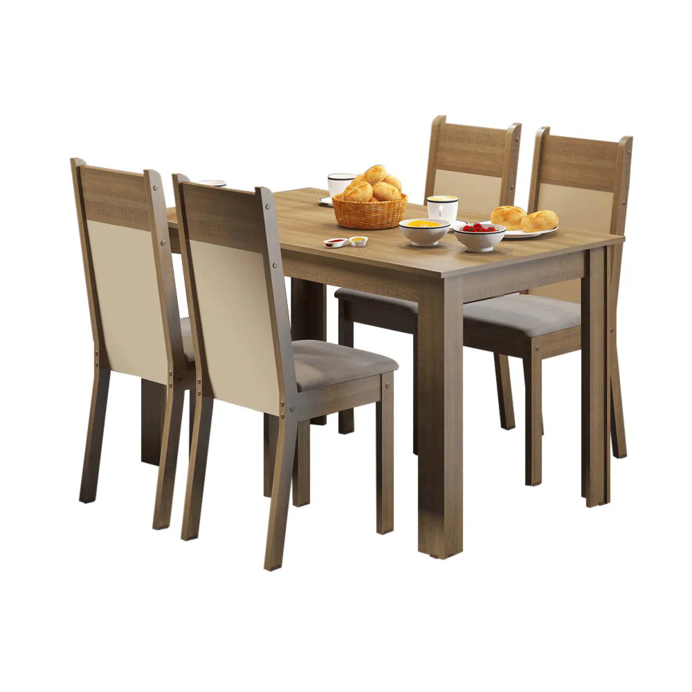 Conjunto Sala de Jantar Mesa Tampo de Madeira com 4 Cadeiras Rustic/Crema/Sintético Bege Havana Madesa - Image 2