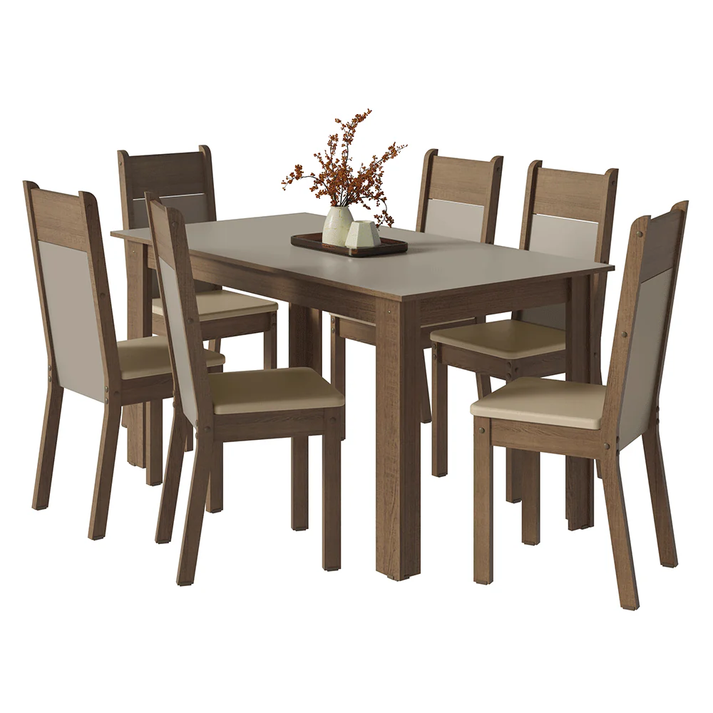 Conjunto Sala de Jantar Latte Mesa Tampo de Madeira 6 Cadeiras Rustic/Crema/Sintético Bege Madesa - Image 2