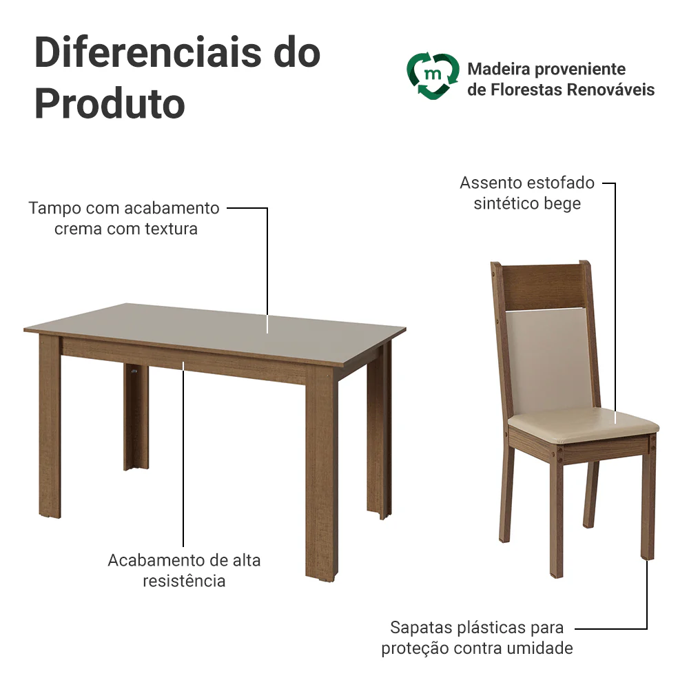 Conjunto Sala de Jantar Latte Mesa Tampo de Madeira 6 Cadeiras Rustic/Crema/Sintético Bege Madesa - Image 4