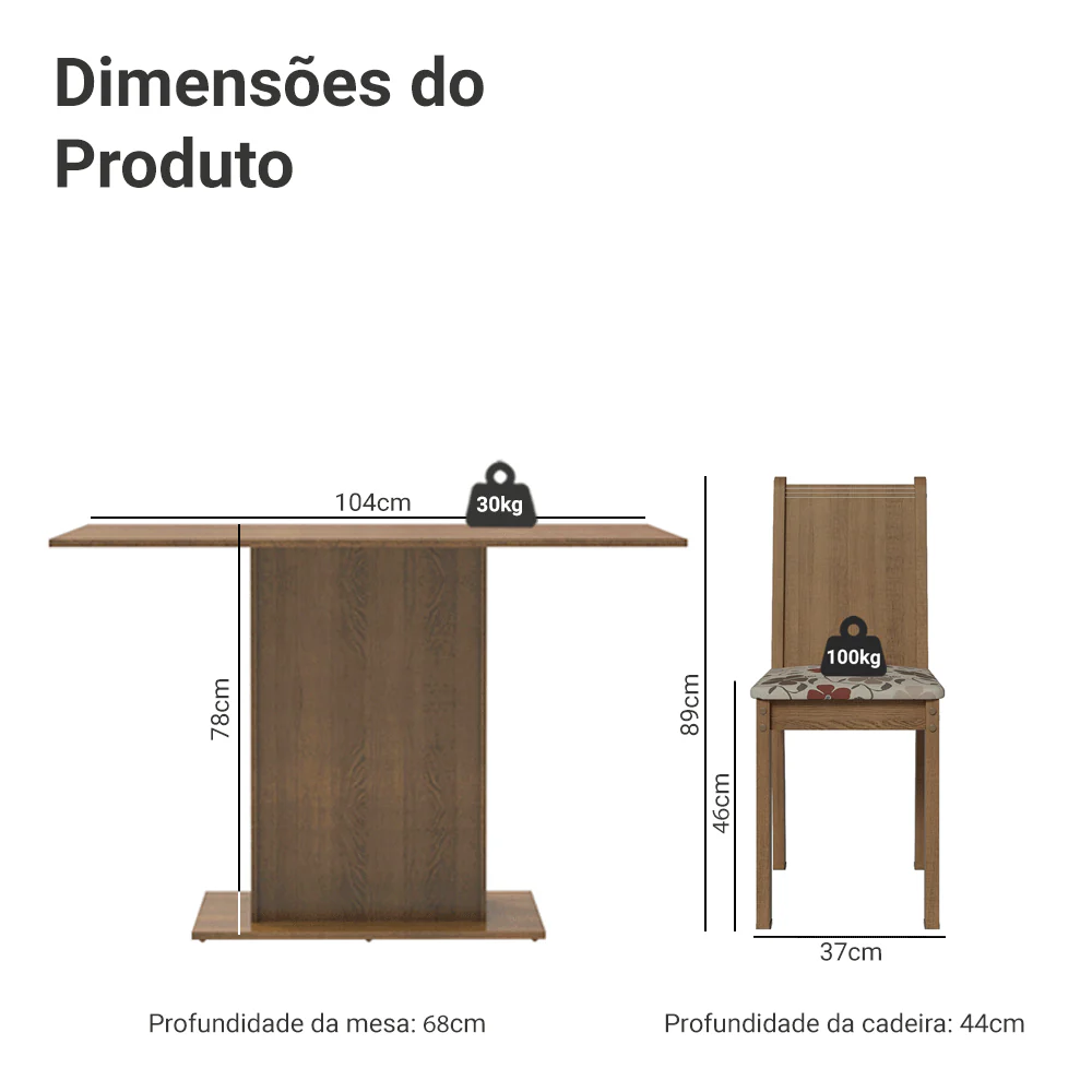 Conjunto Sala de Jantar Lexy Madesa Mesa Tampo de Madeira com 4 Cadeiras Rustic/Floral Hibiscos - Image 3