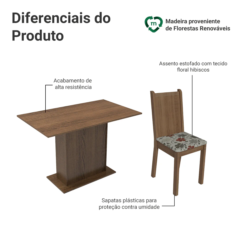 Conjunto Sala de Jantar Lexy Madesa Mesa Tampo de Madeira com 4 Cadeiras Rustic/Floral Hibiscos - Image 4