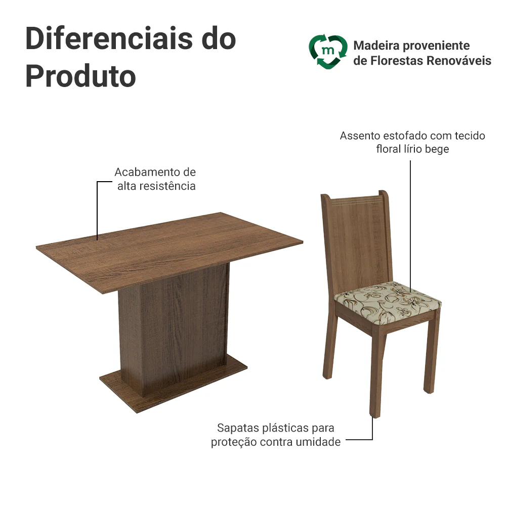 Conjunto Sala de Jantar Lexy Madesa Mesa Tampo de Madeira com 4 Cadeiras Rustic/Floral Lírio Bege - Image 4